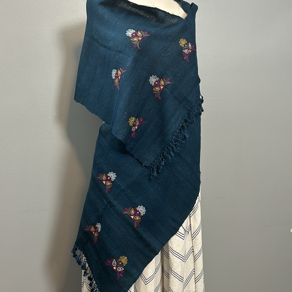 Petroleum Green Cotton Embroidered Tasseled Scarf